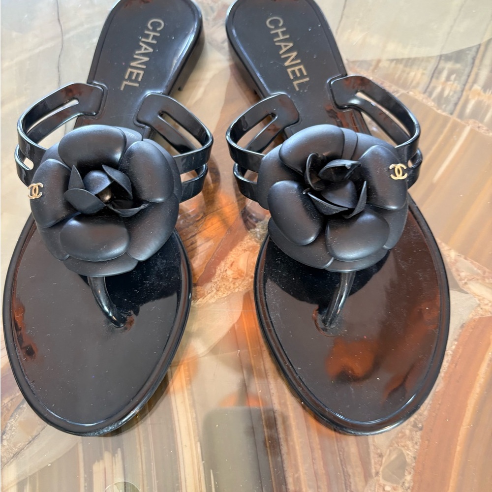 CHANEL Black Camellia Sandals 6.5 (37)